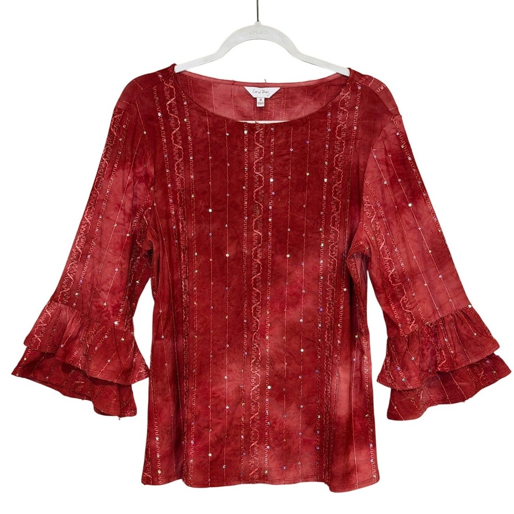 Coral Bay Womens Blouse Red Medium Sequin Ruffle Sleeve Tie Dye Top - Picture 2 of 8